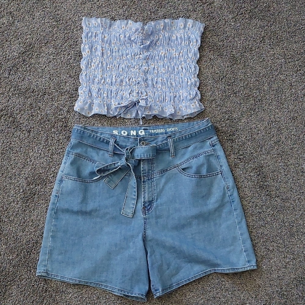 Disty Floral Blue Yellow Floral Tube Top 90s Y2K Summer Beach Boho XL